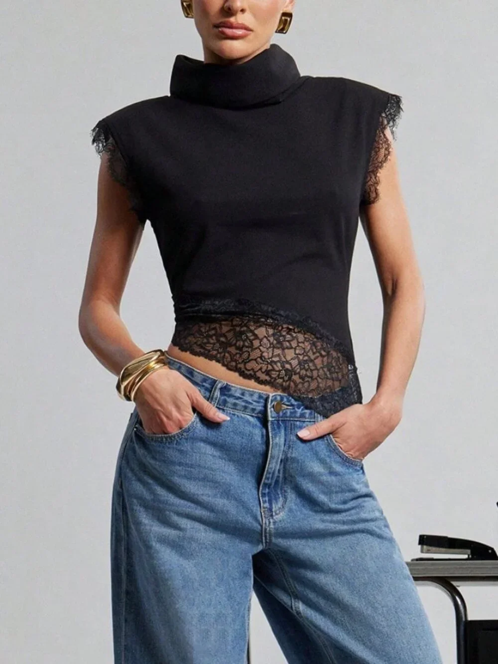 Black Casual Women's Contrast Lace High Neck Crop Flounce Sleeve Knit Top
